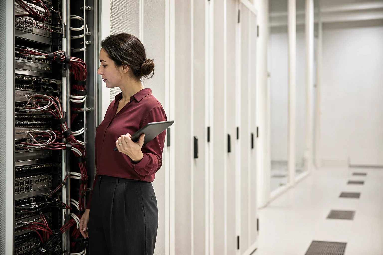Ingénieure Easycloude inspectant une infrastructure serveur